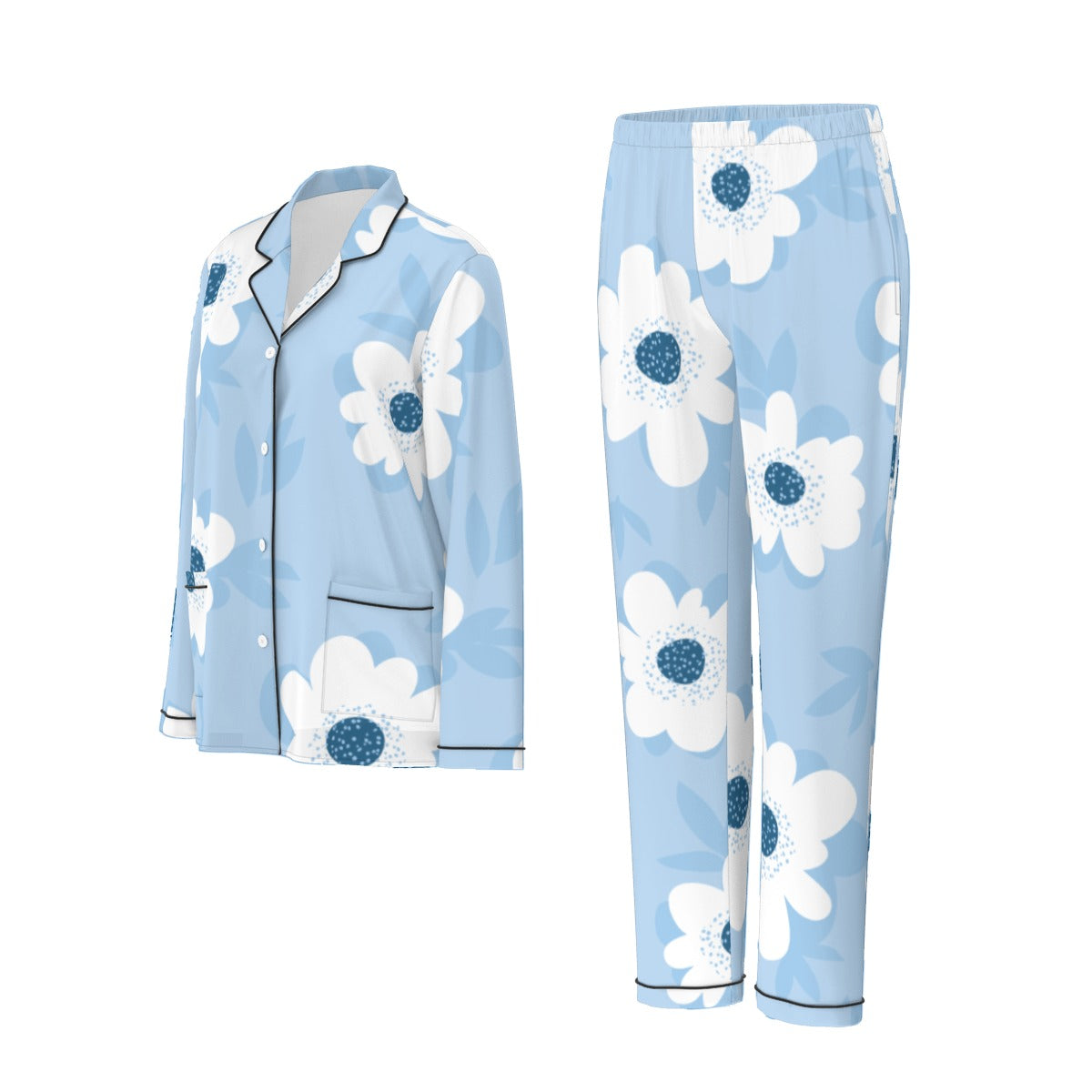 All-Over Print Women's Long Sleeve Pajama Set With Black Contrast Piping