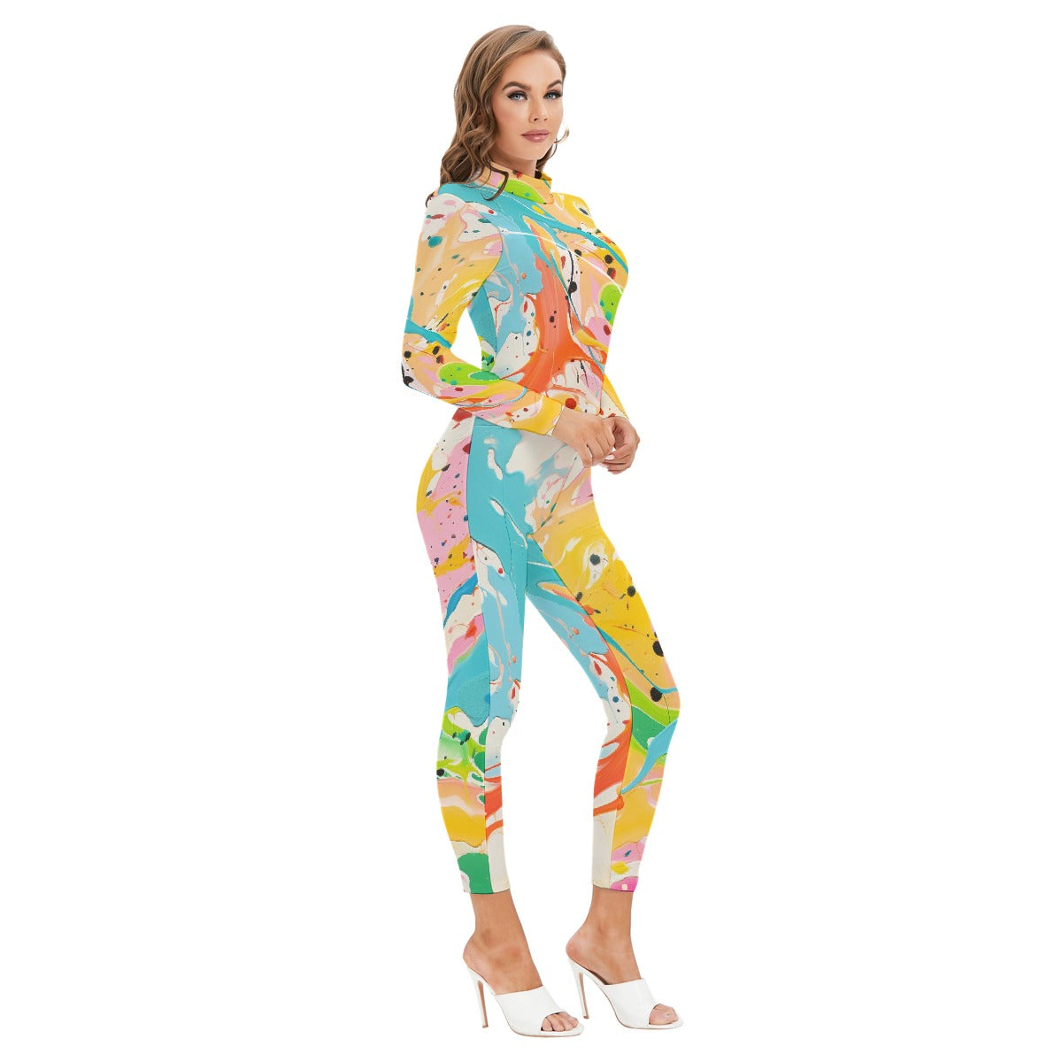 All-Over Print Women's Long-sleeved High-neck Jumpsuit With Zipper