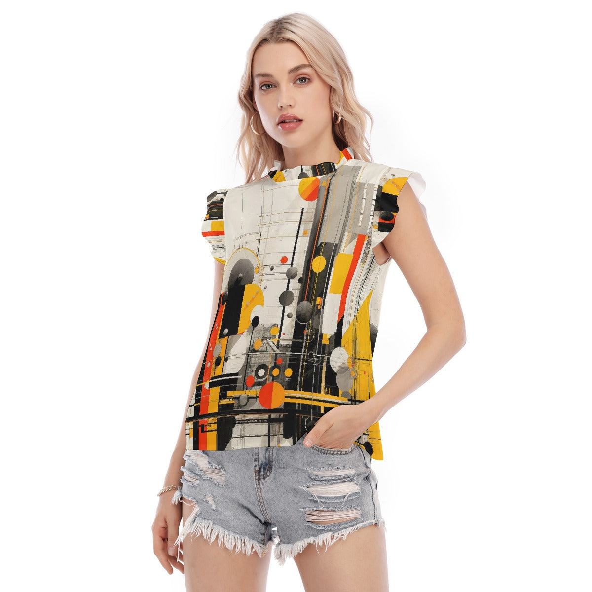 All-Over Print Women's Blouse With Ruffle Collar And Sleeve