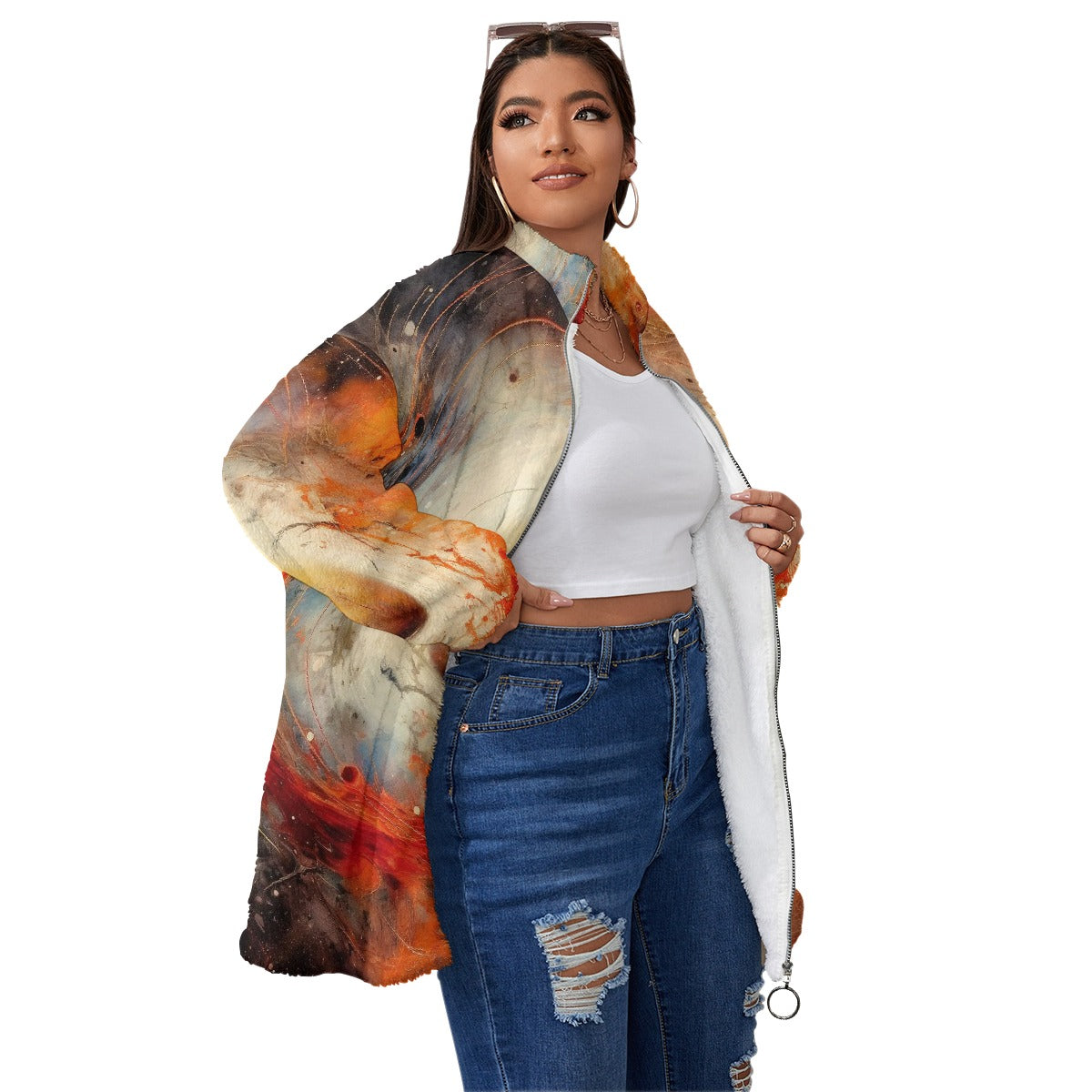 All-Over Print Unisex Borg Fleece Stand-up Collar Coat With Zipper Closure(Plus Size)