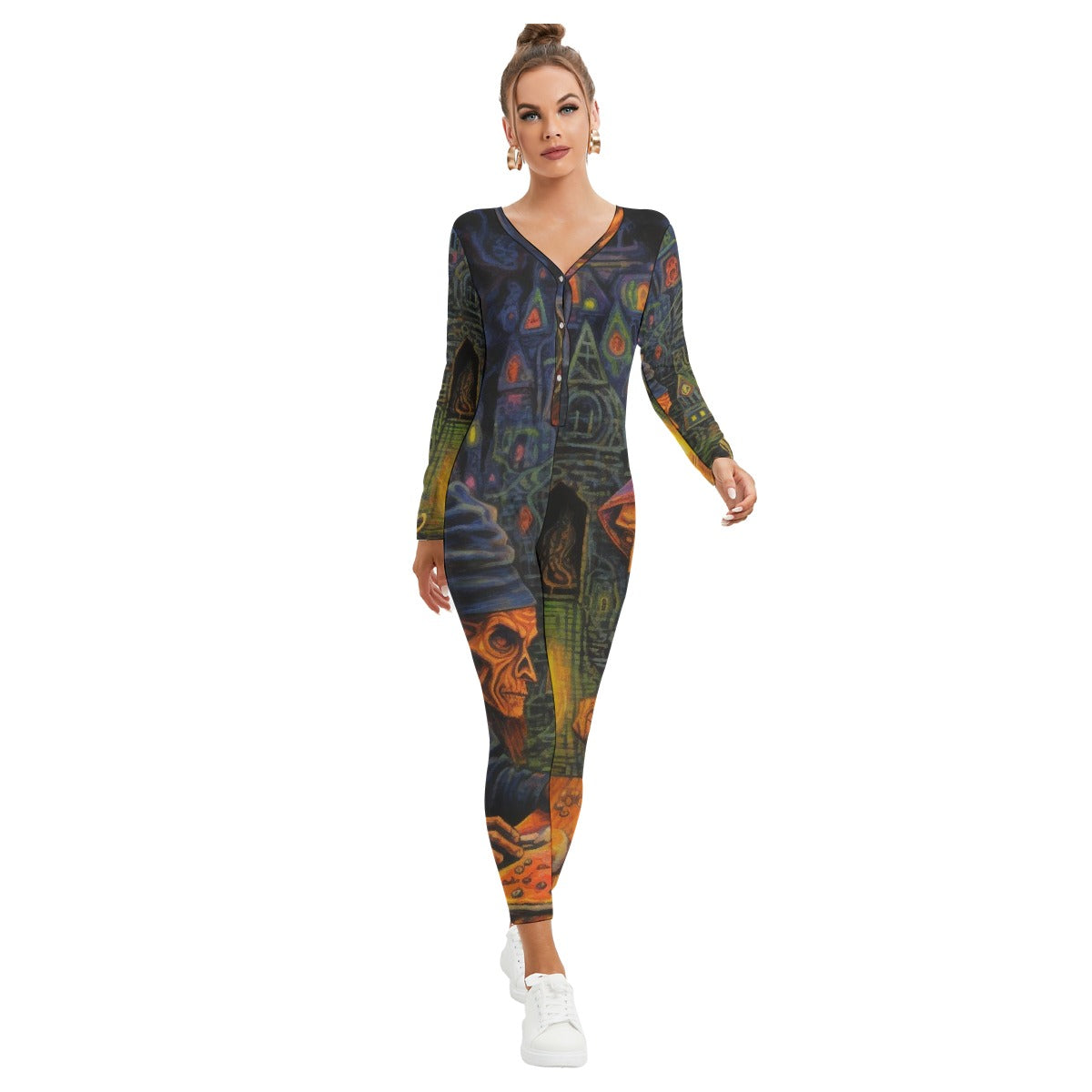 All-Over Print Women's Plunging Neck Jumpsuit