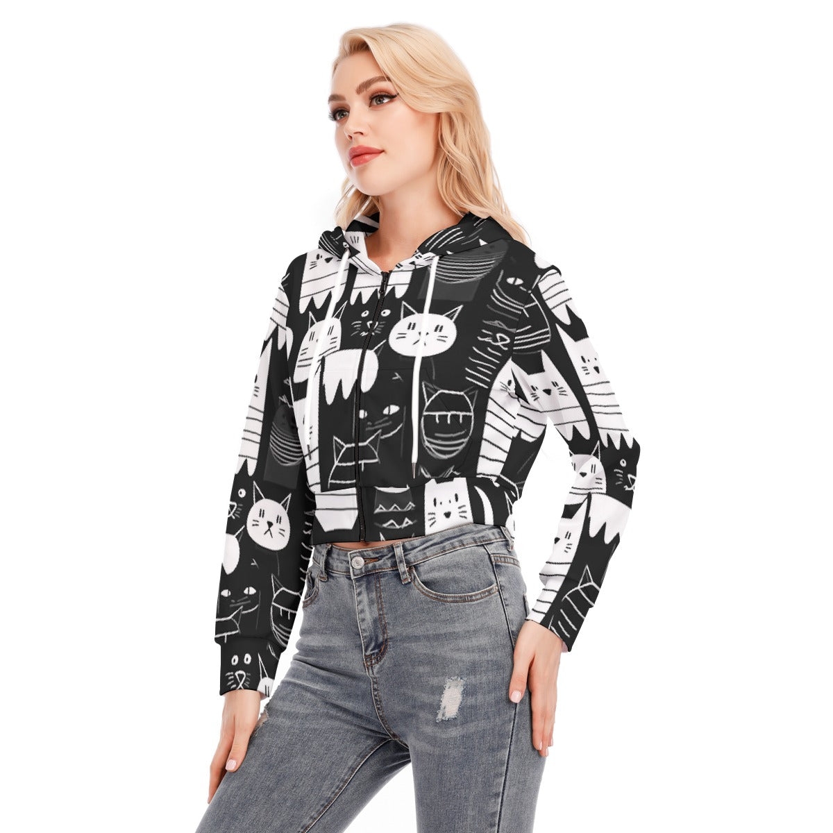 All-Over Print Women's Crop Top Hoodie With Zipper Closure