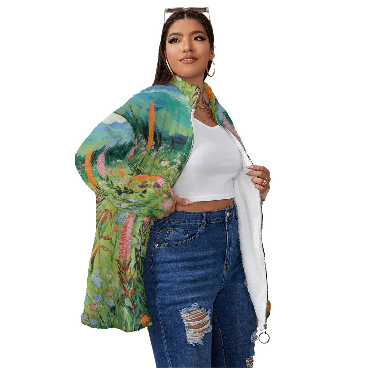 All-Over Print Unisex Borg Fleece Stand-up Collar Coat With Zipper Closure(Plus Size)