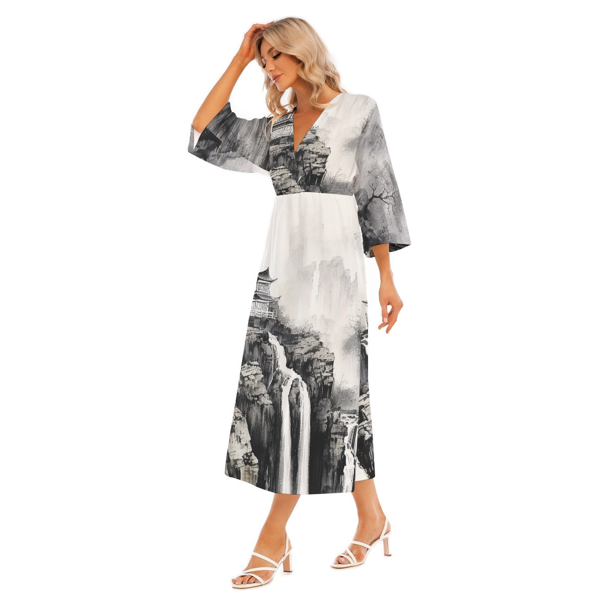 All-Over Print Women's Mid-Sleeve Long Dress