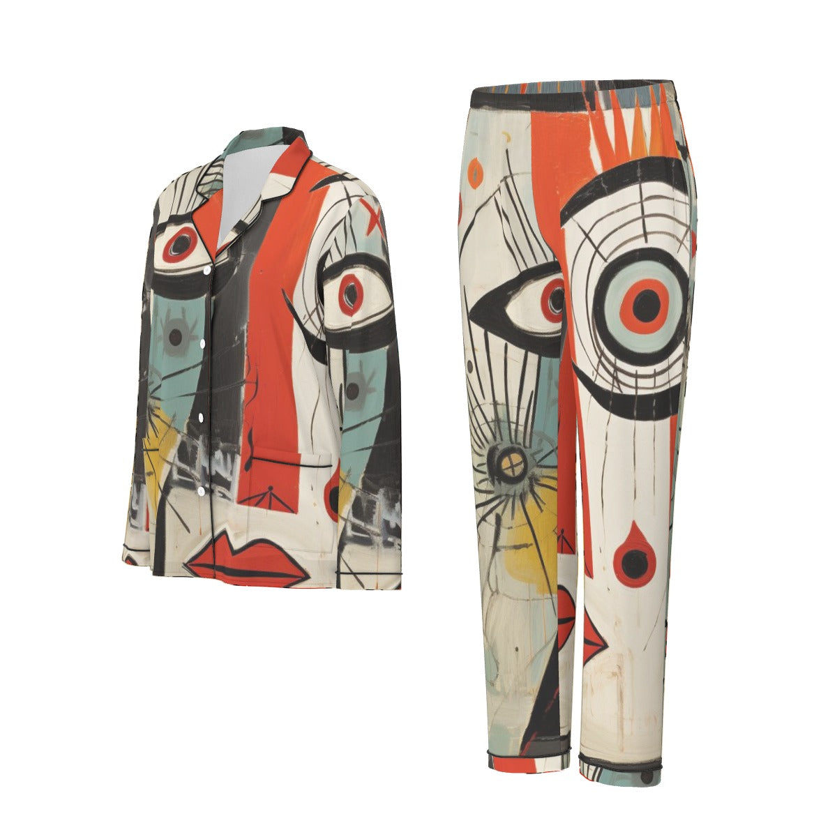 All-Over Print Women's Long Sleeve Pajama Set With Black Contrast Piping