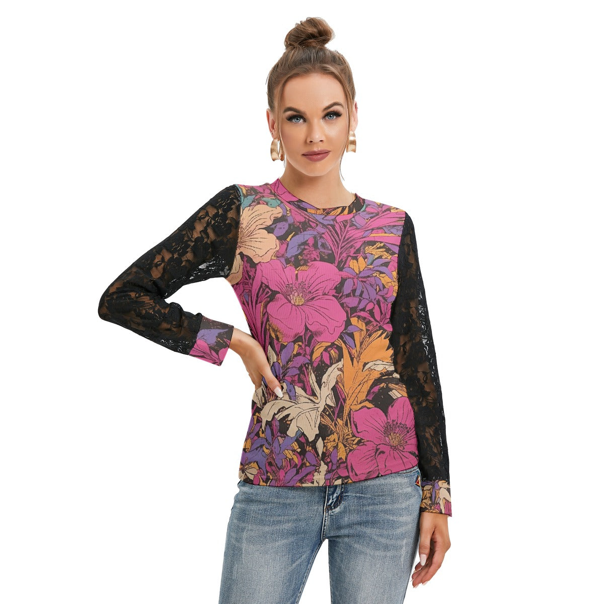 All-Over Print Women's T-shirt And Sleeve With Black Lace
