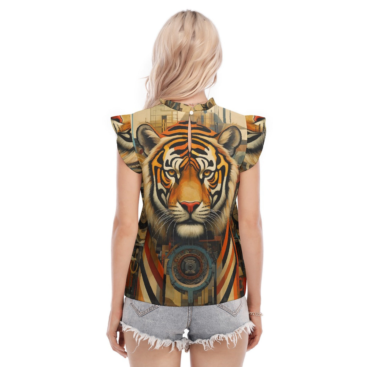 All-Over Print Women's Blouse With Ruffle Collar And Sleeve