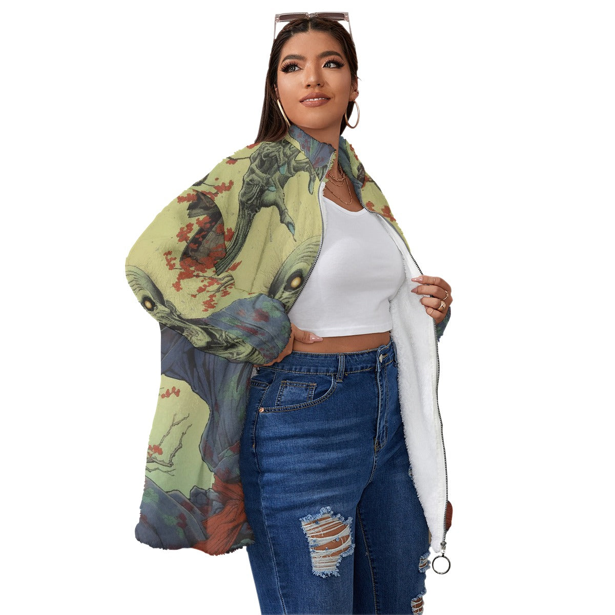 All-Over Print Unisex Borg Fleece Stand-up Collar Coat With Zipper Closure(Plus Size)