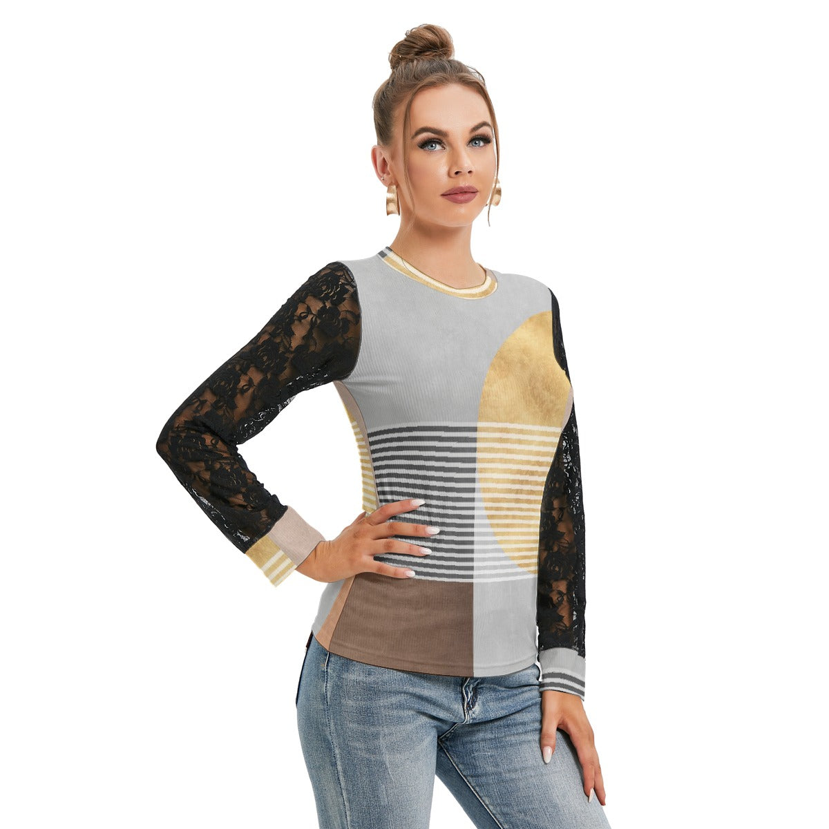 All-Over Print Women's T-shirt And Sleeve With Black Lace