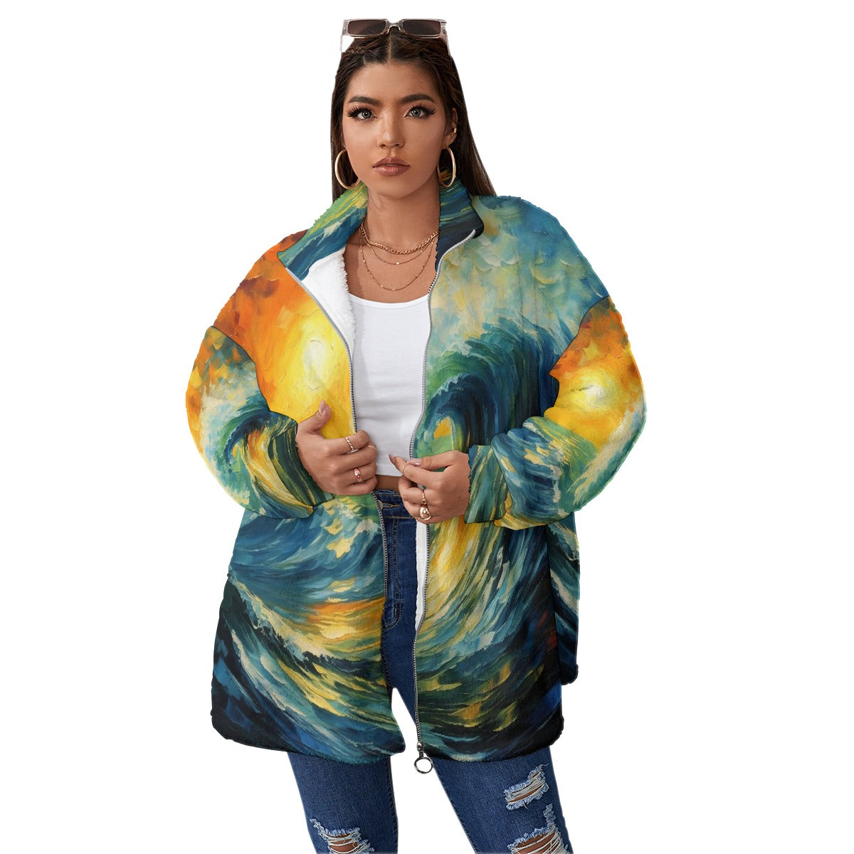 All-Over Print Unisex Borg Fleece Stand-up Collar Coat With Zipper Closure(Plus Size)