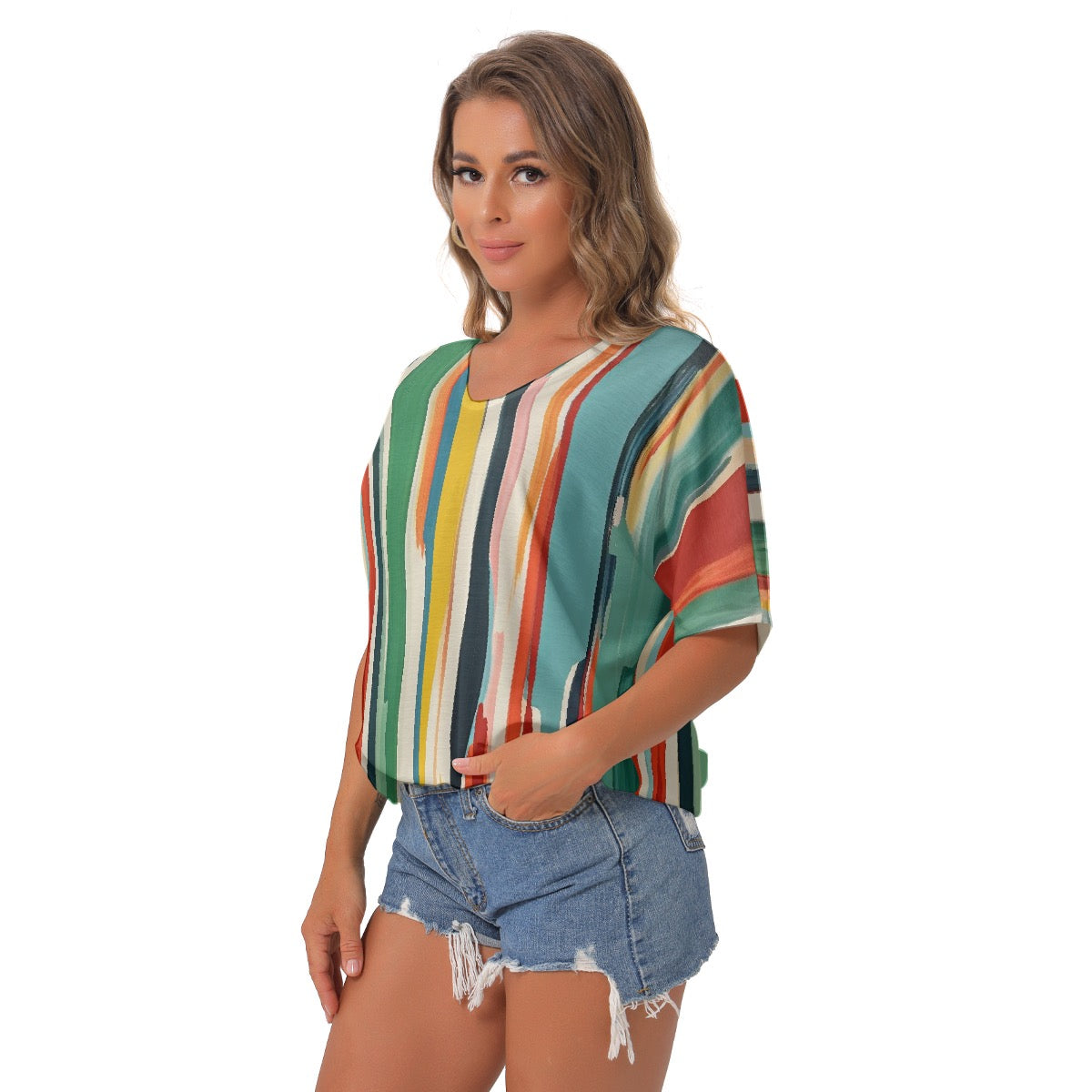 All-Over Print Women's Bat Sleeves V-Neck Blouse