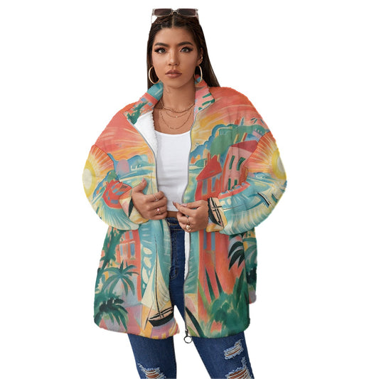 All-Over Print Unisex Borg Fleece Stand-up Collar Coat With Zipper Closure(Plus Size)