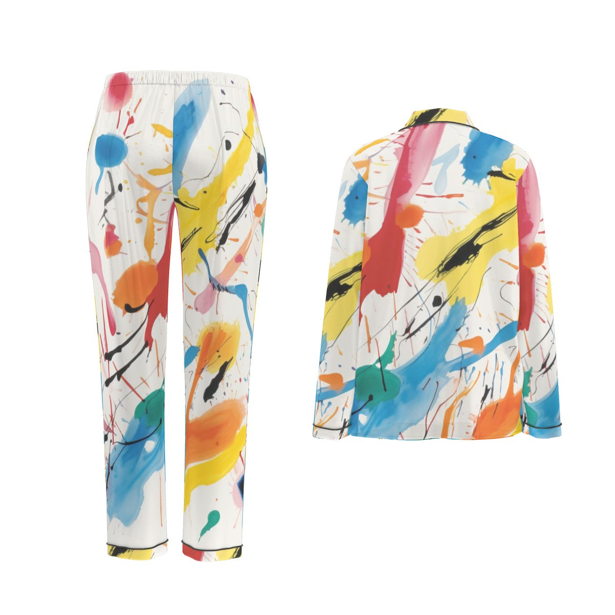 All-Over Print Women's Long Sleeve Pajama Set With Black Contrast Piping