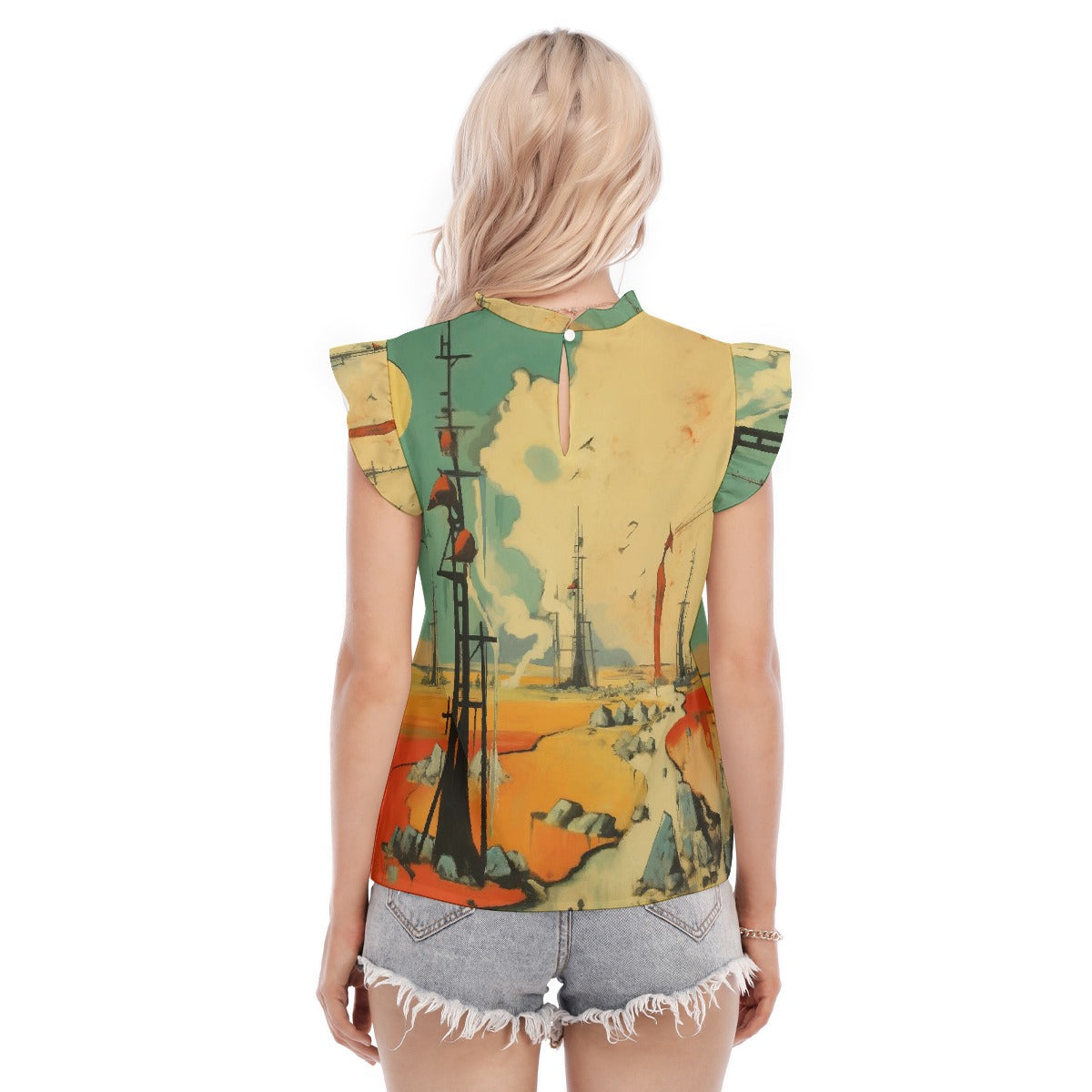 All-Over Print Women's Blouse With Ruffle Collar And Sleeve