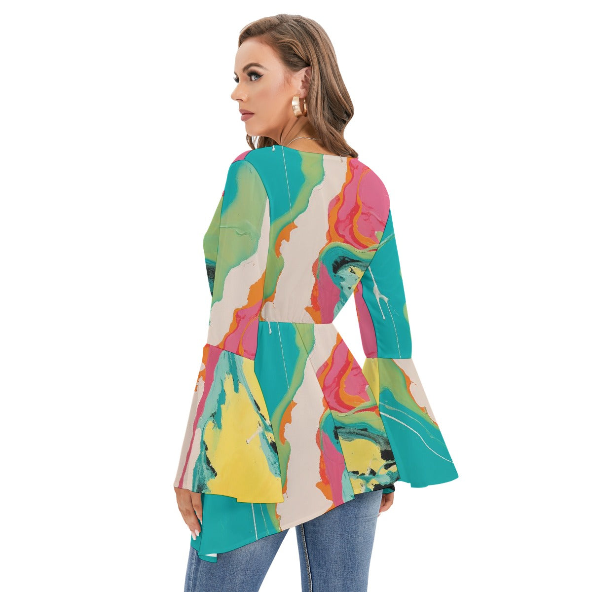 All-Over Print Women's V-neck Blouse With Flared Sleeves