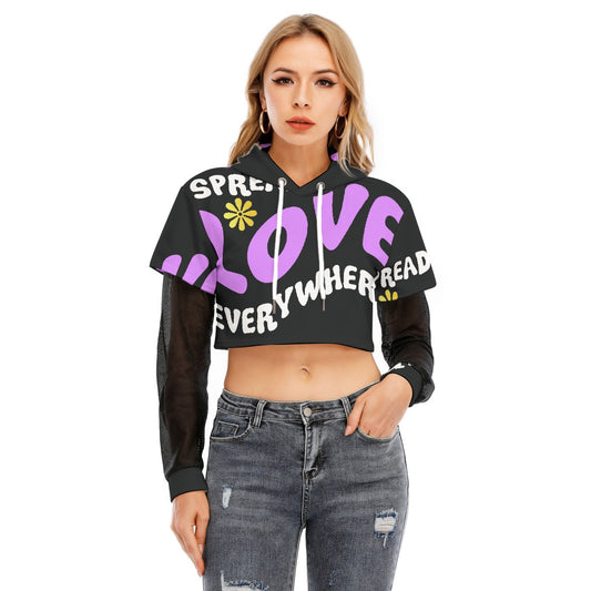 All-Over Print Women's Fake Two-piece Mesh Sleeve Cropped Hoodie