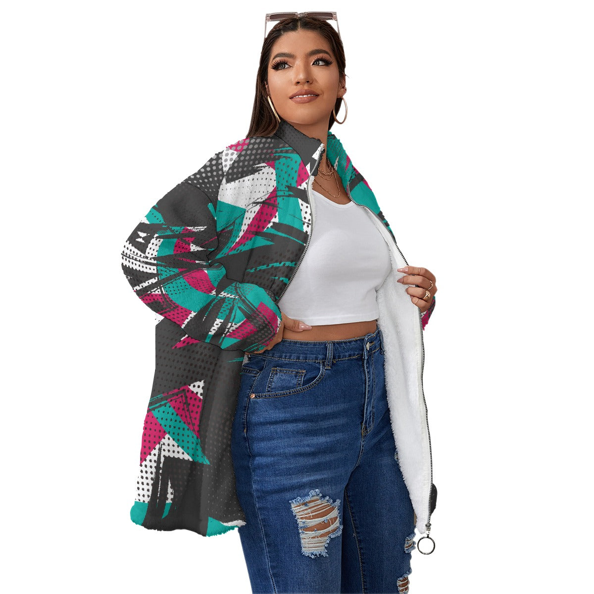 All-Over Print Unisex Borg Fleece Stand-up Collar Coat With Zipper Closure(Plus Size)