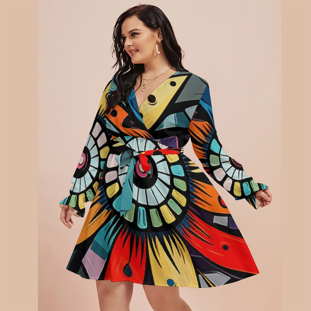 All-Over Print Women's V-neck Dress With Waistband(Plus Size)