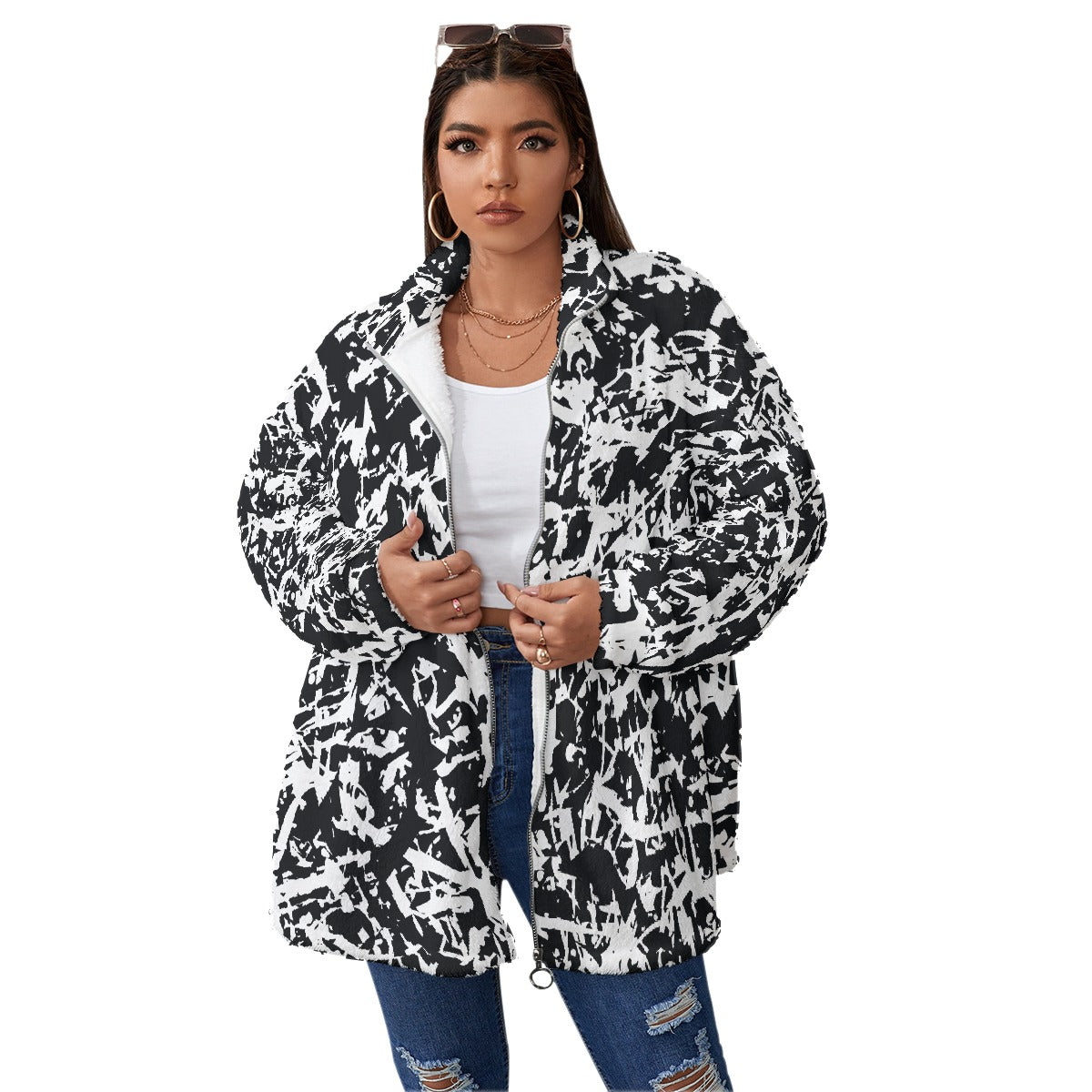 All-Over Print Unisex Borg Fleece Stand-up Collar Coat With Zipper Closure(Plus Size)