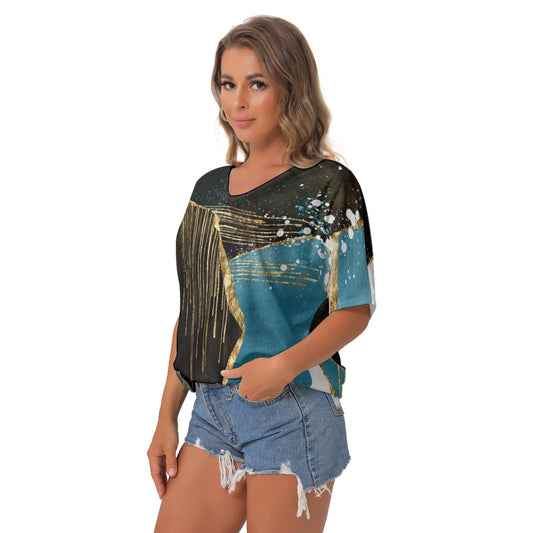 All-Over Print Women's Bat Sleeves V-Neck Blouse