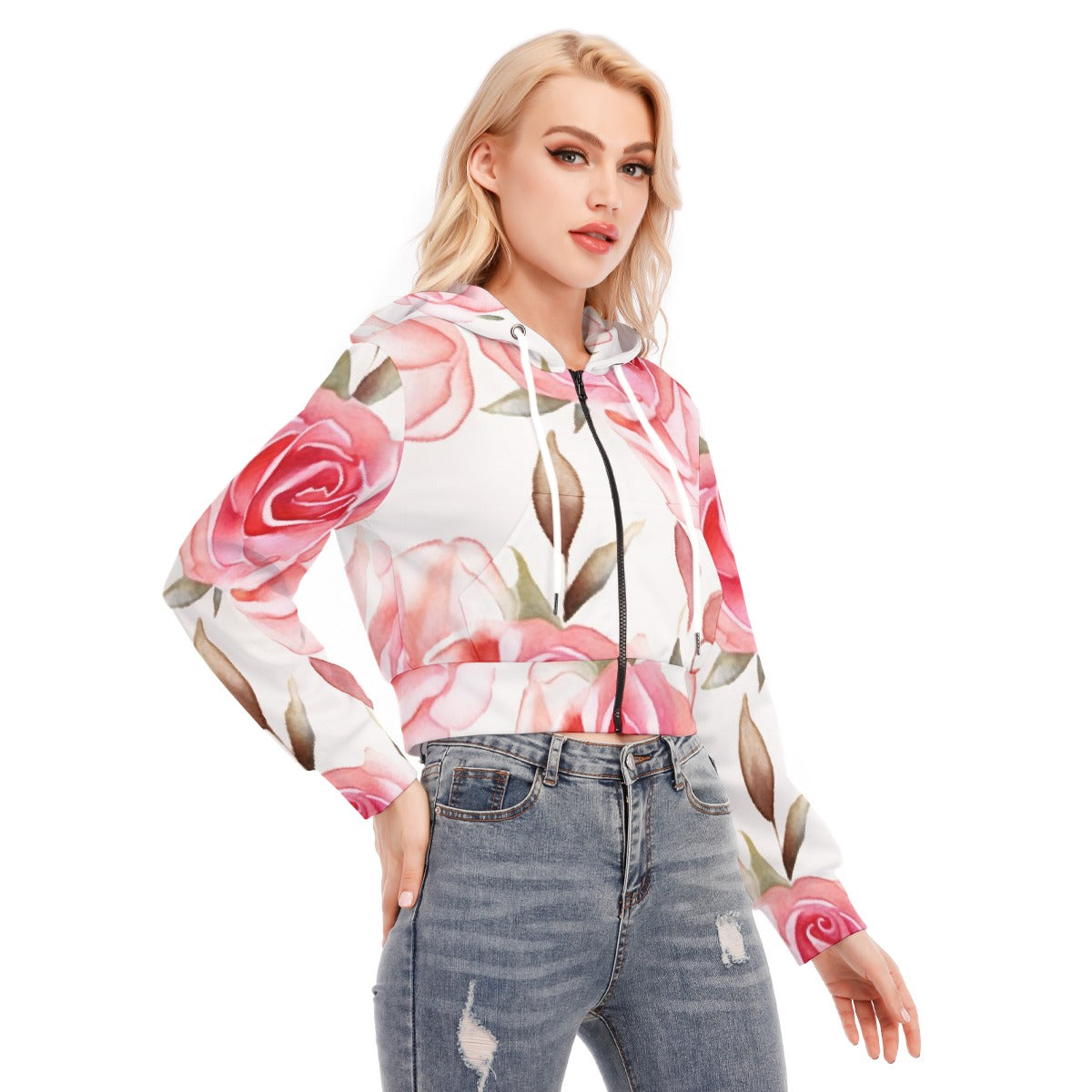 All-Over Print Women's Crop Top Hoodie With Zipper Closure