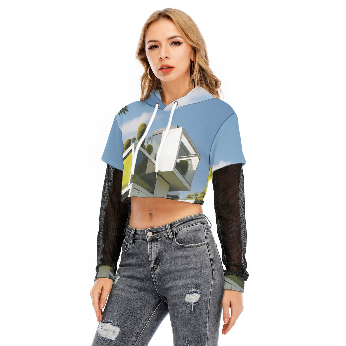 All-Over Print Women's Fake Two-piece Mesh Sleeve Cropped Hoodie