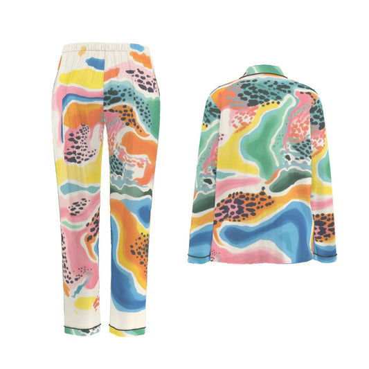 All-Over Print Women's Long Sleeve Pajama Set With Black Contrast Piping