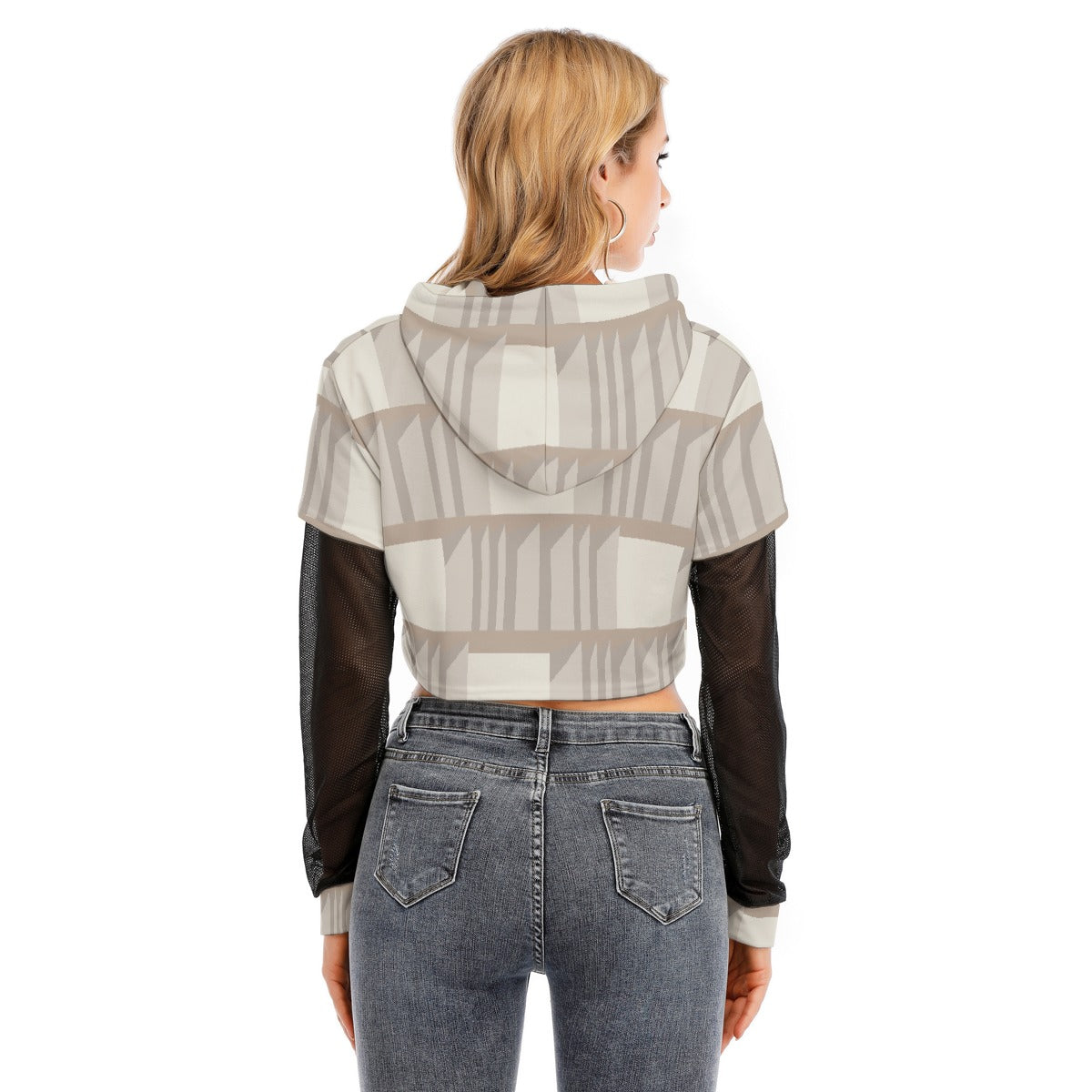 All-Over Print Women's Fake Two-piece Mesh Sleeve Cropped Hoodie