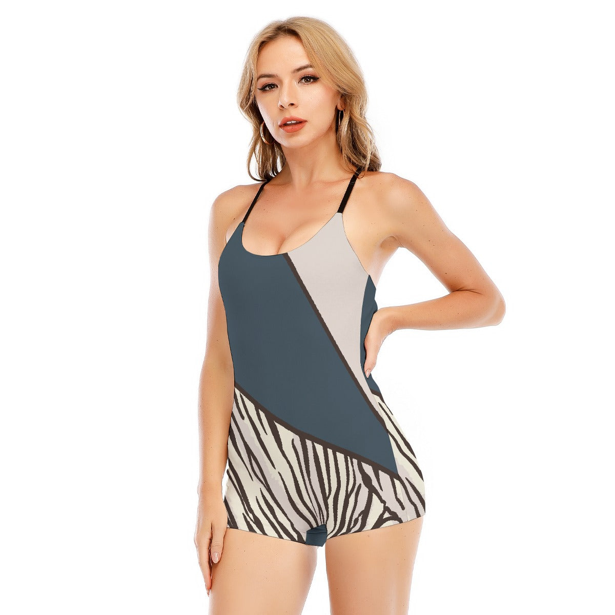 All-Over Print Women's Backless Romper With Black Straps