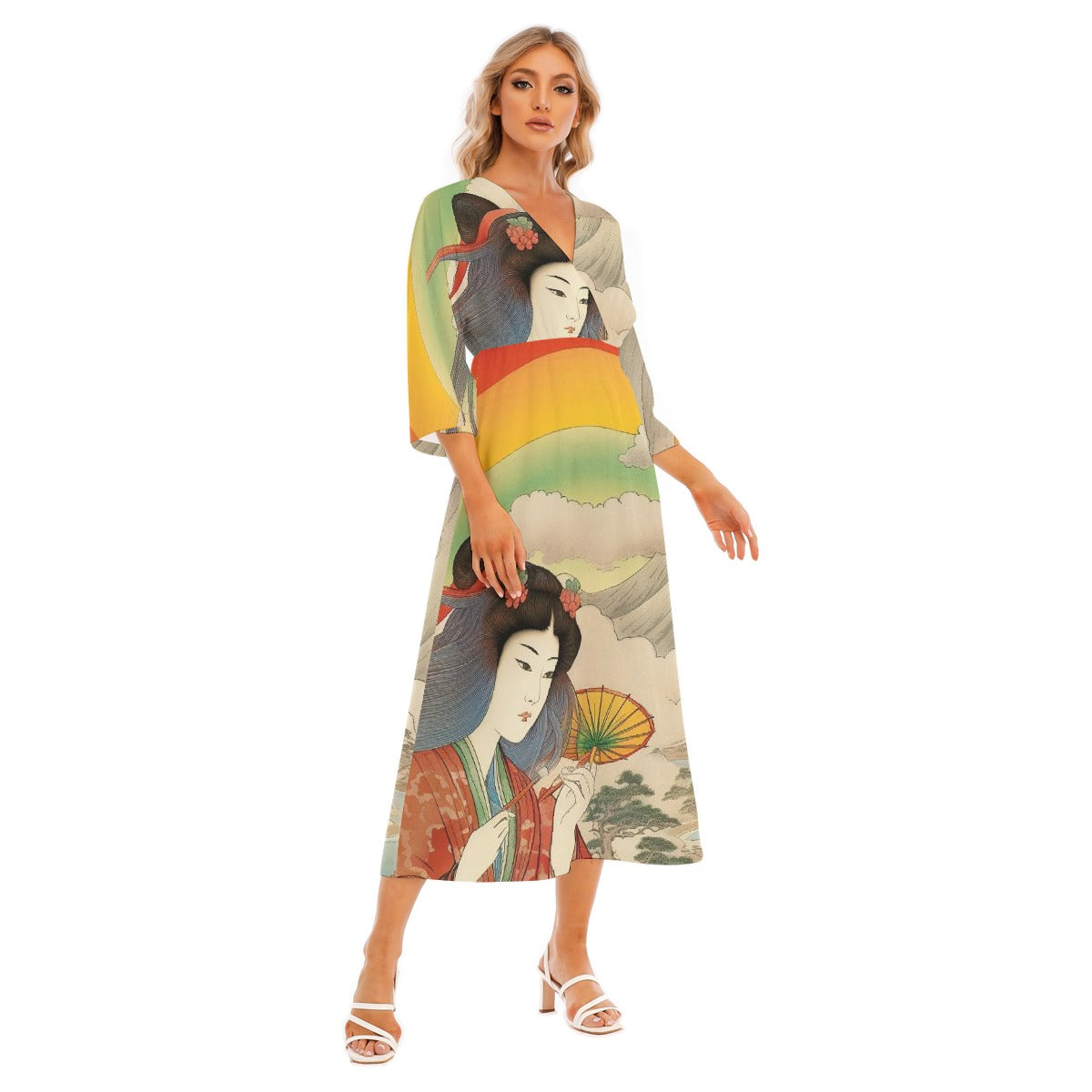 All-Over Print Women's Mid-Sleeve Long Dress