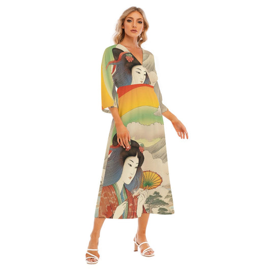 All-Over Print Women's Mid-Sleeve Long Dress
