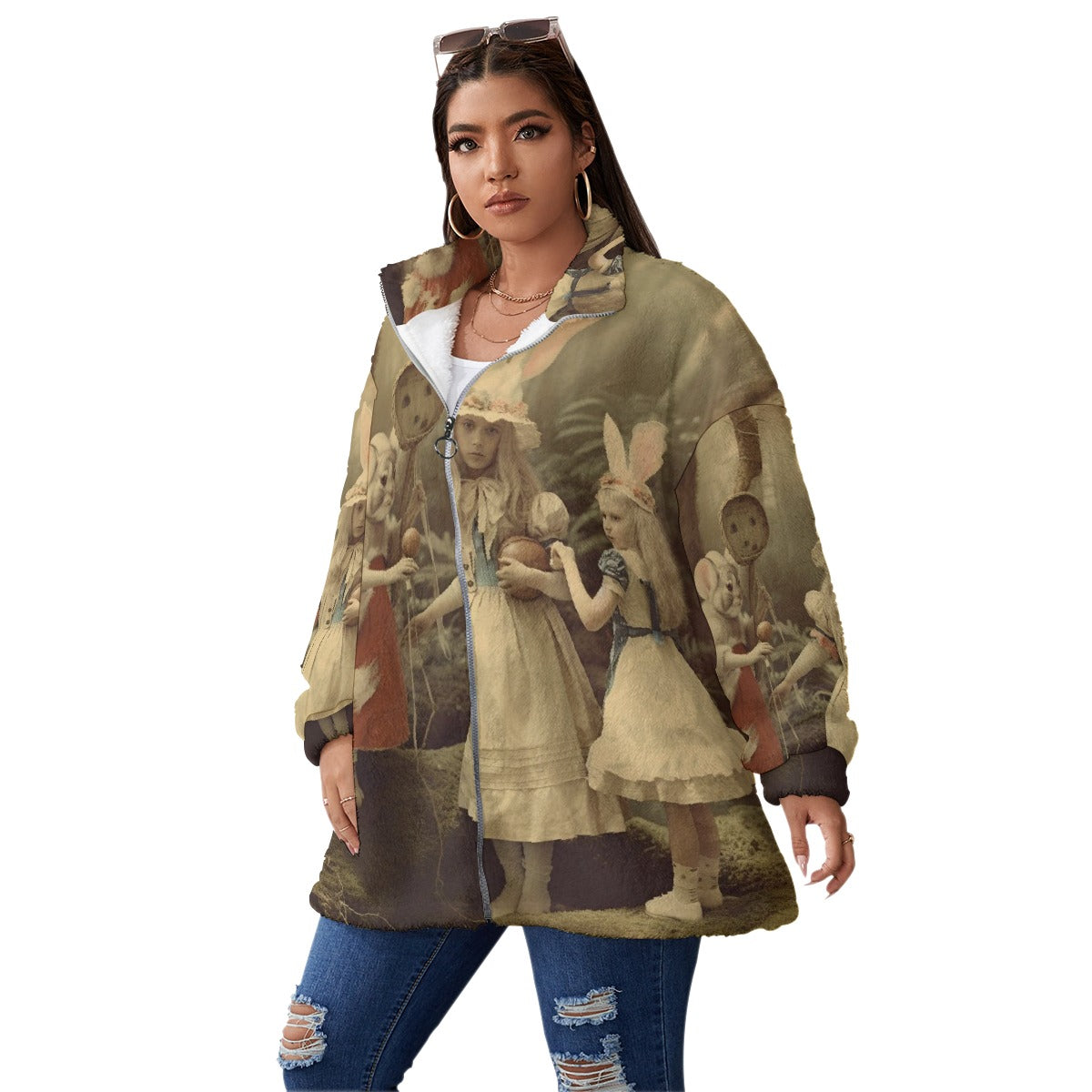 All-Over Print Unisex Borg Fleece Stand-up Collar Coat With Zipper Closure(Plus Size)