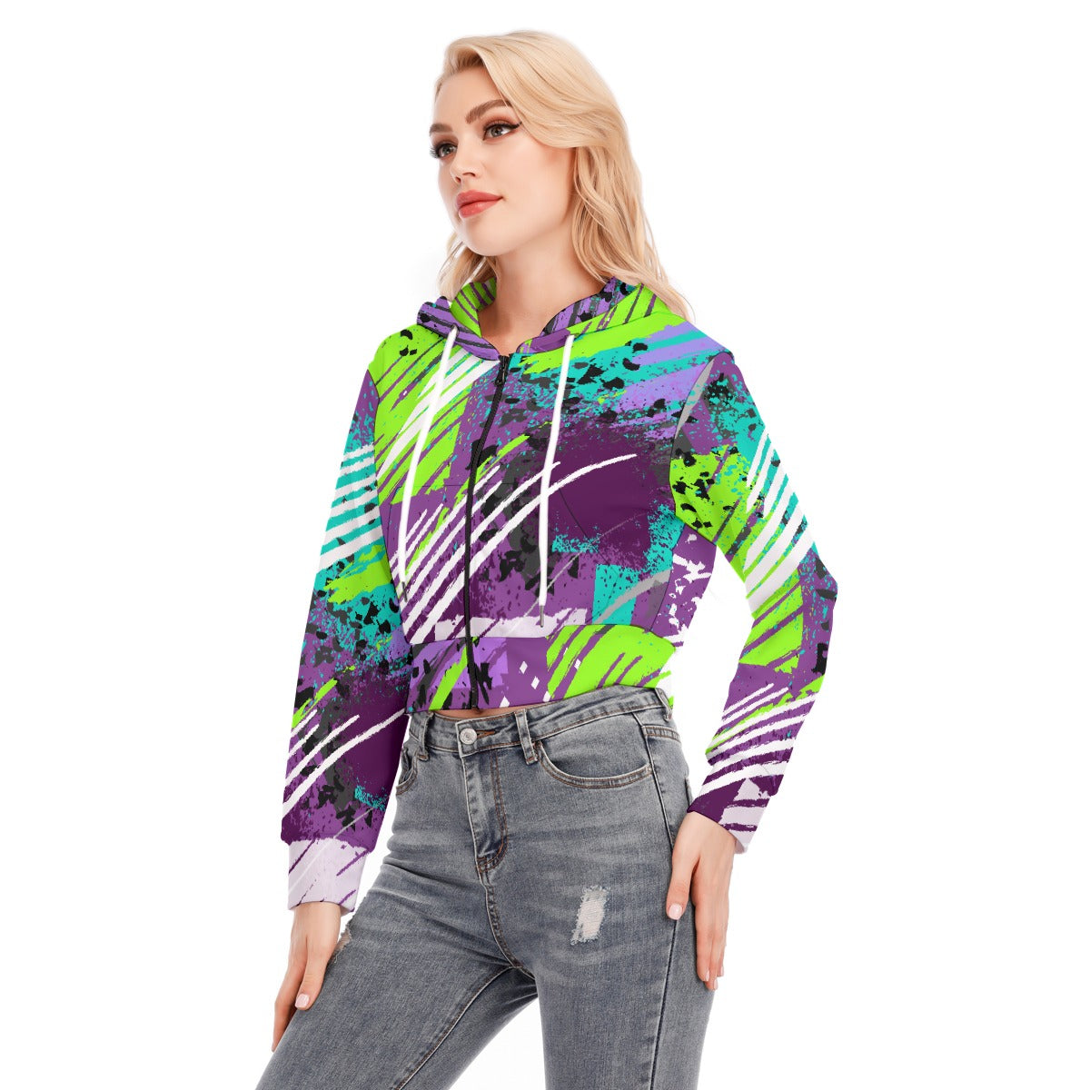 All-Over Print Women's Crop Top Hoodie With Zipper Closure
