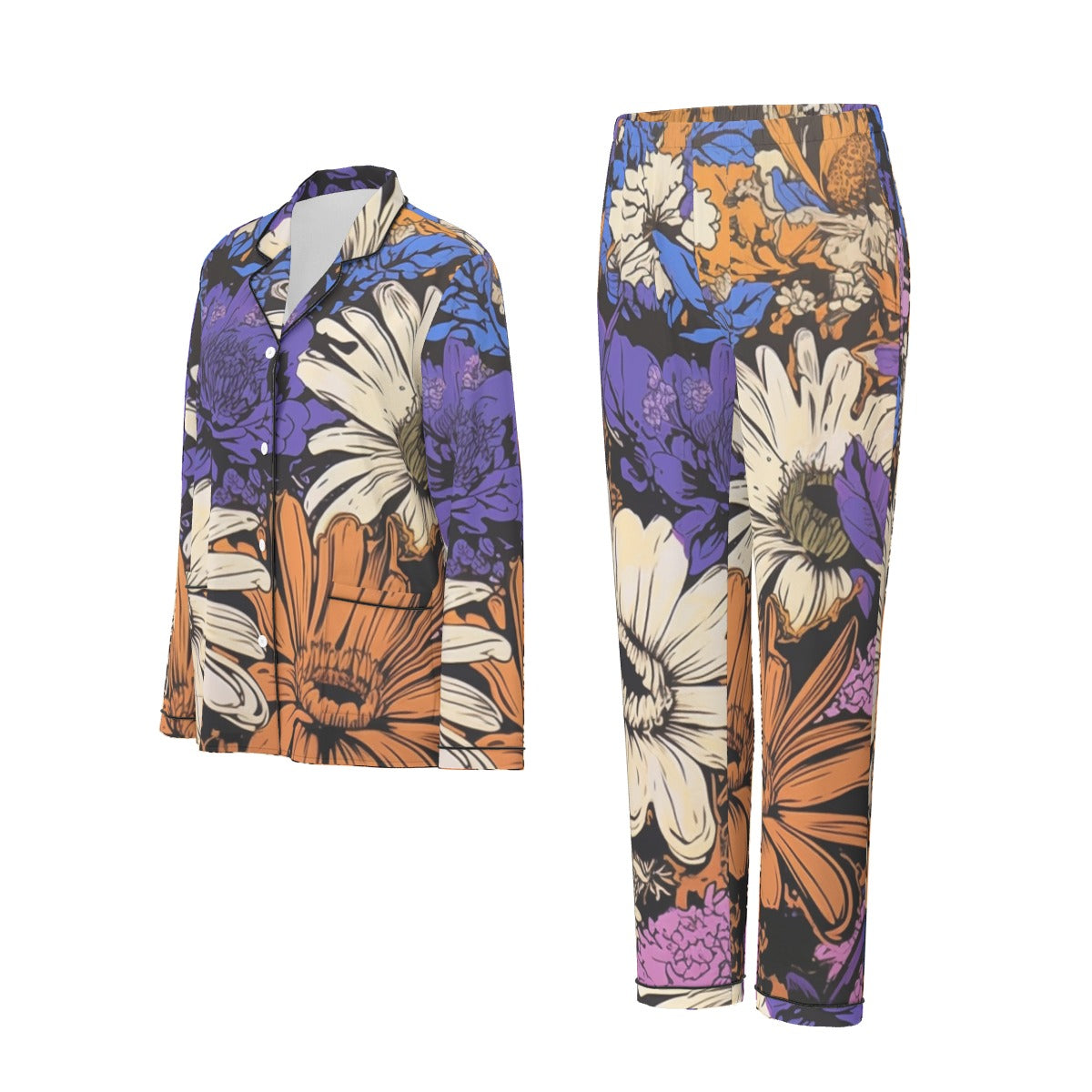 All-Over Print Women's Long Sleeve Pajama Set With Black Contrast Piping