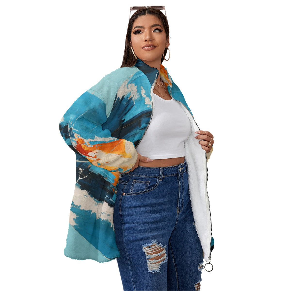 All-Over Print Unisex Borg Fleece Stand-up Collar Coat With Zipper Closure(Plus Size)