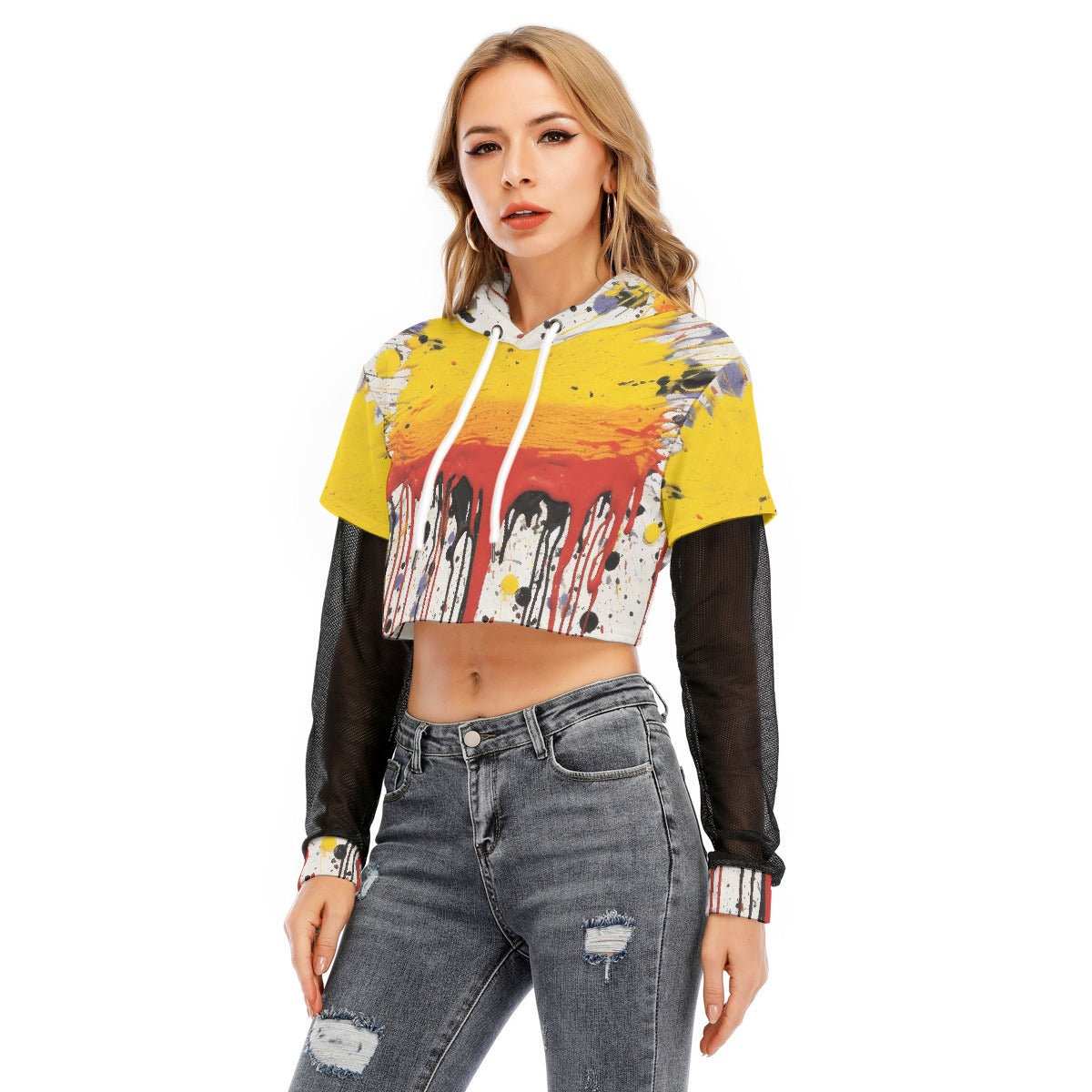All-Over Print Women's Fake Two-piece Mesh Sleeve Cropped Hoodie