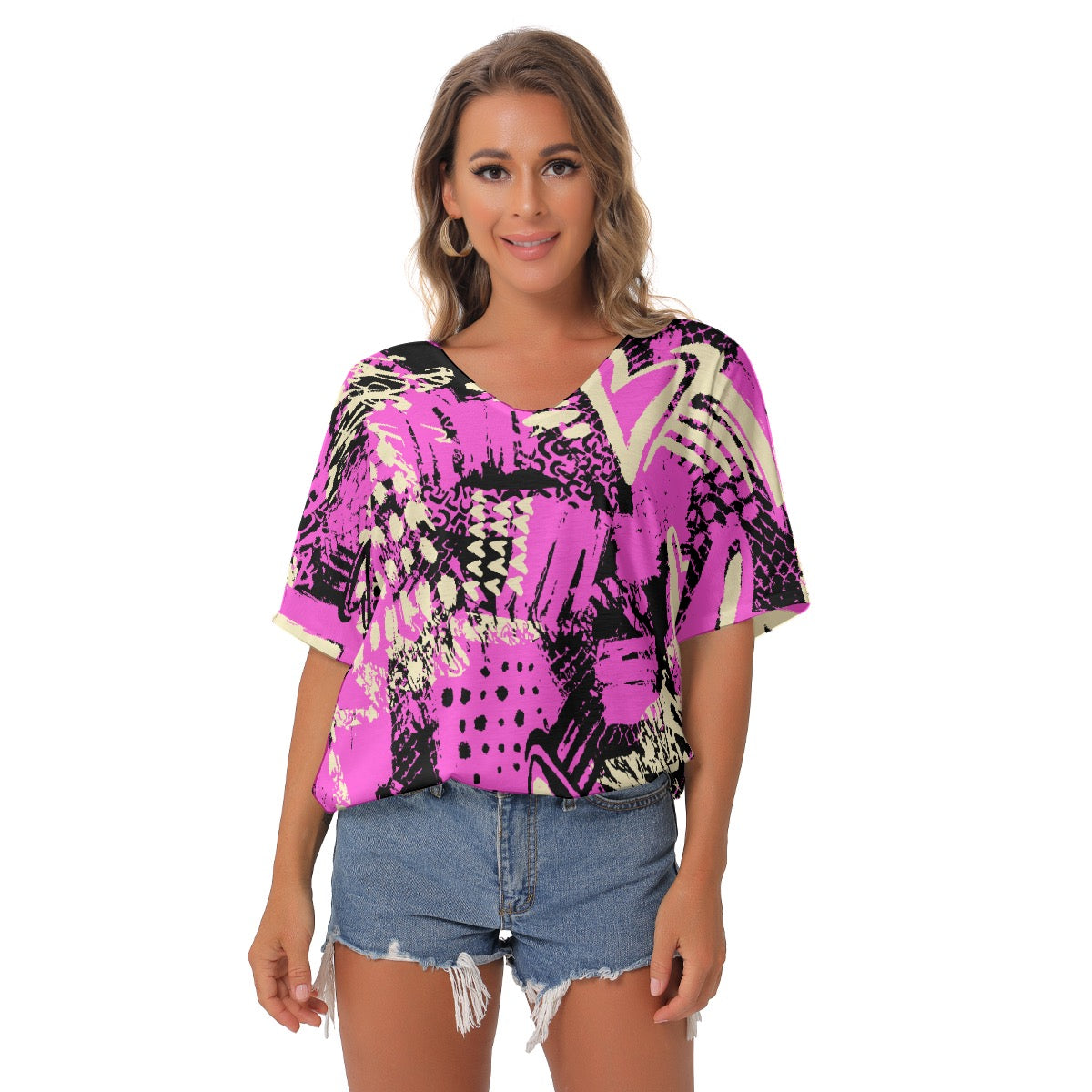 All-Over Print Women's Bat Sleeves V-Neck Blouse