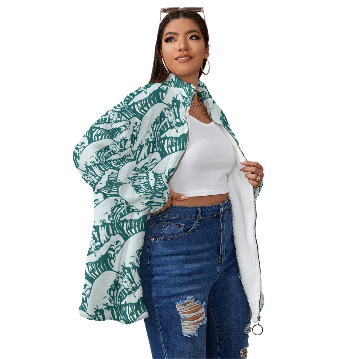 All-Over Print Unisex Borg Fleece Stand-up Collar Coat With Zipper Closure(Plus Size)