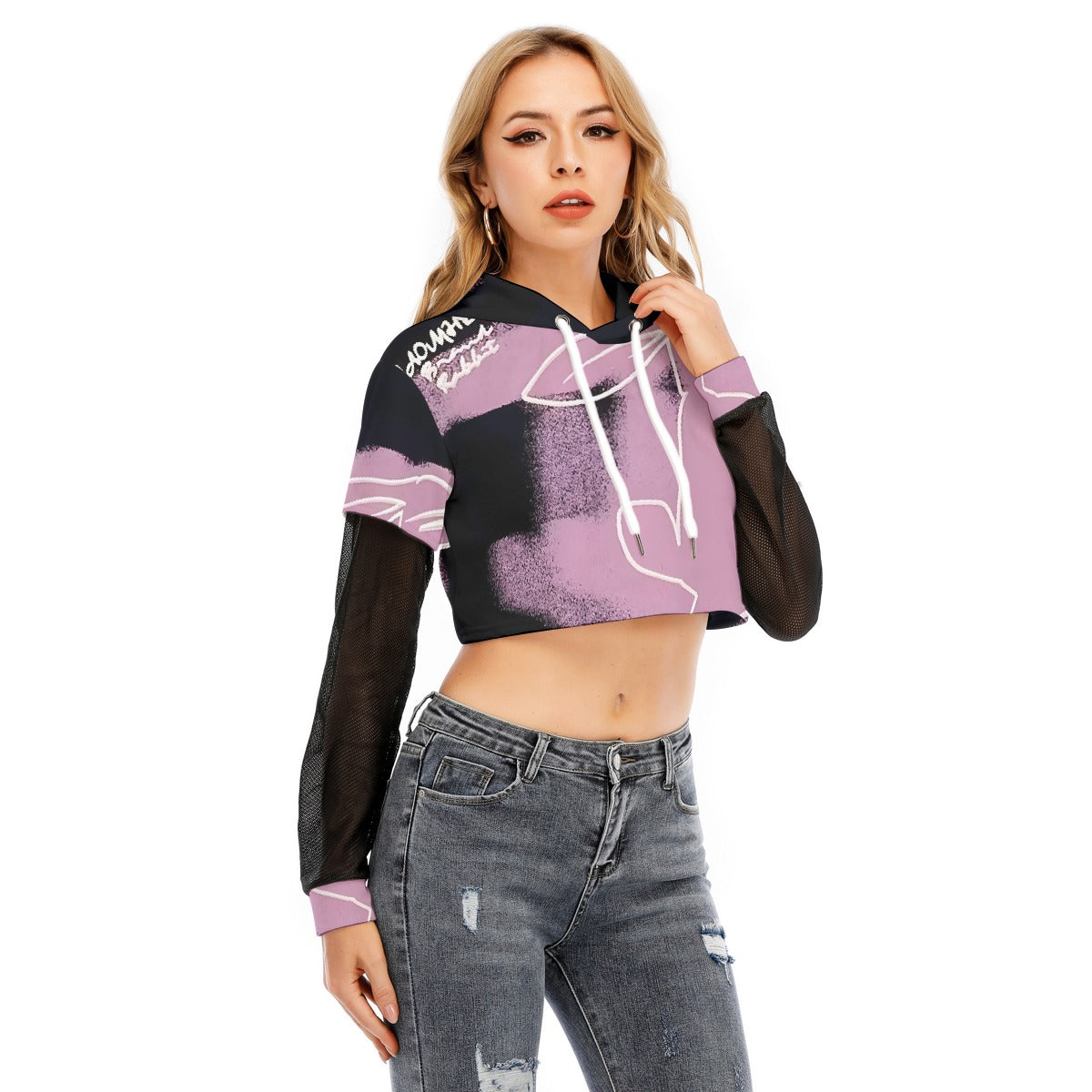 All-Over Print Women's Fake Two-piece Mesh Sleeve Cropped Hoodie