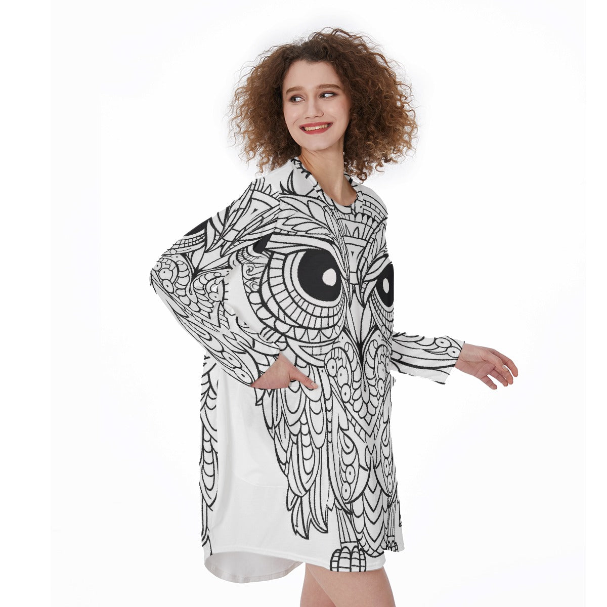 All-Over Print Women's Casual Loose Long Sleeve Dress With Pocket