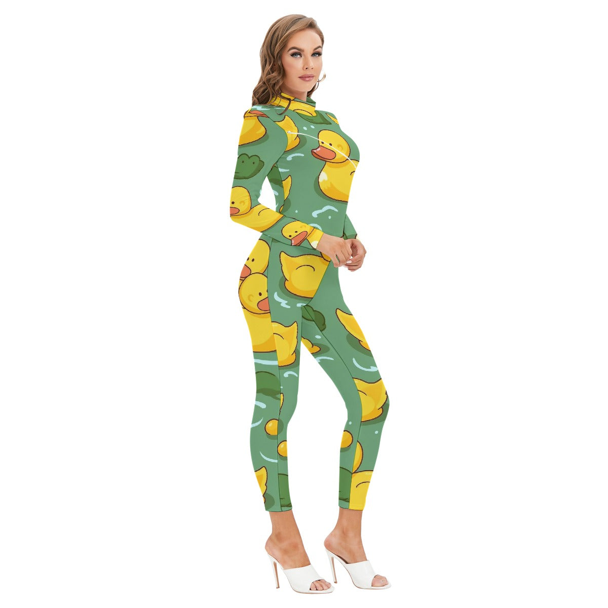 All-Over Print Women's Long-sleeved High-neck Jumpsuit With Zipper