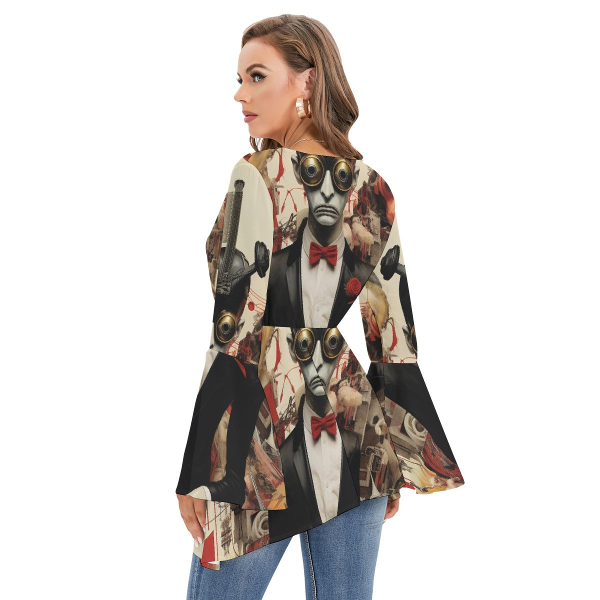 All-Over Print Women's V-neck Blouse With Flared Sleeves