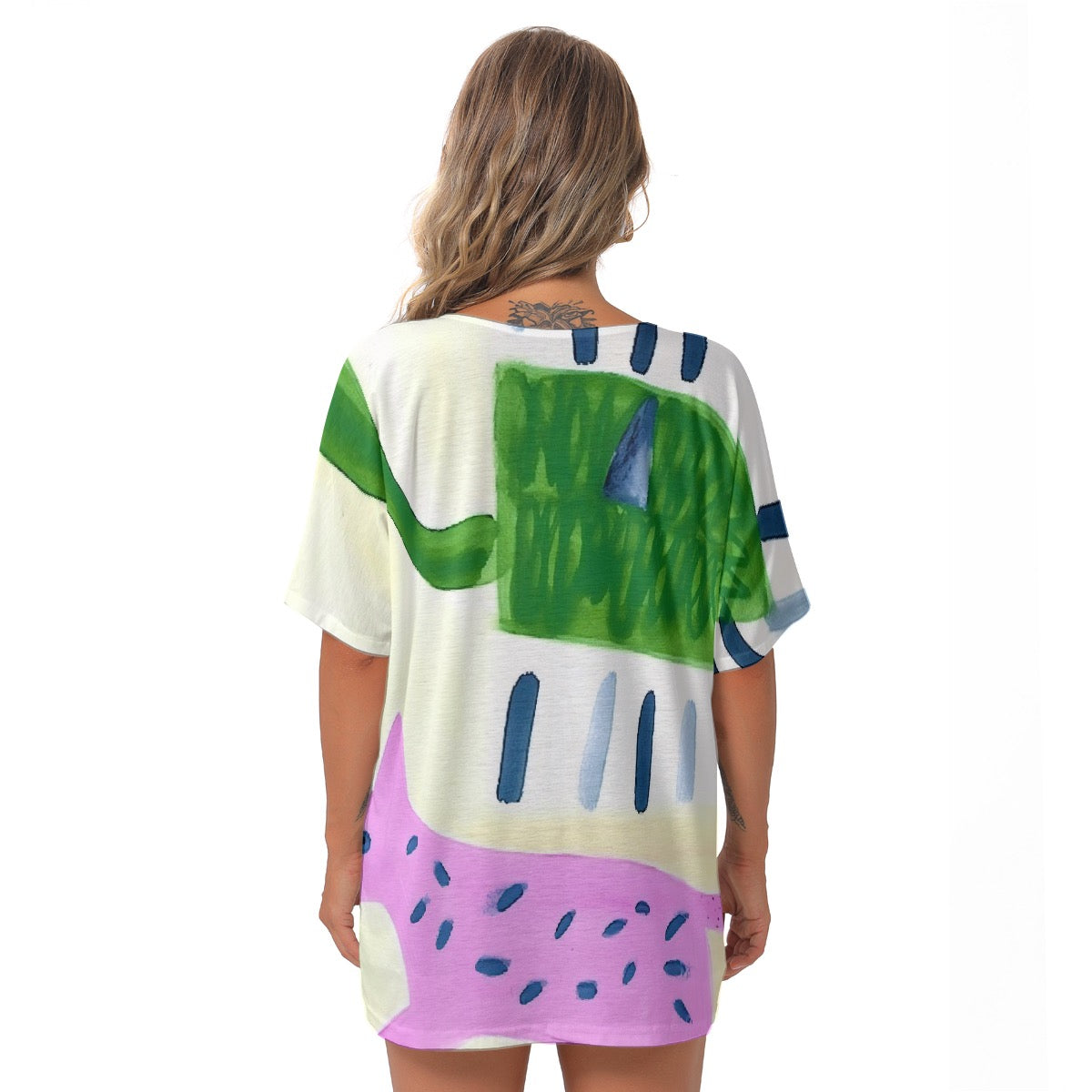 All-Over Print Women's Bat Sleeves V-Neck Blouse