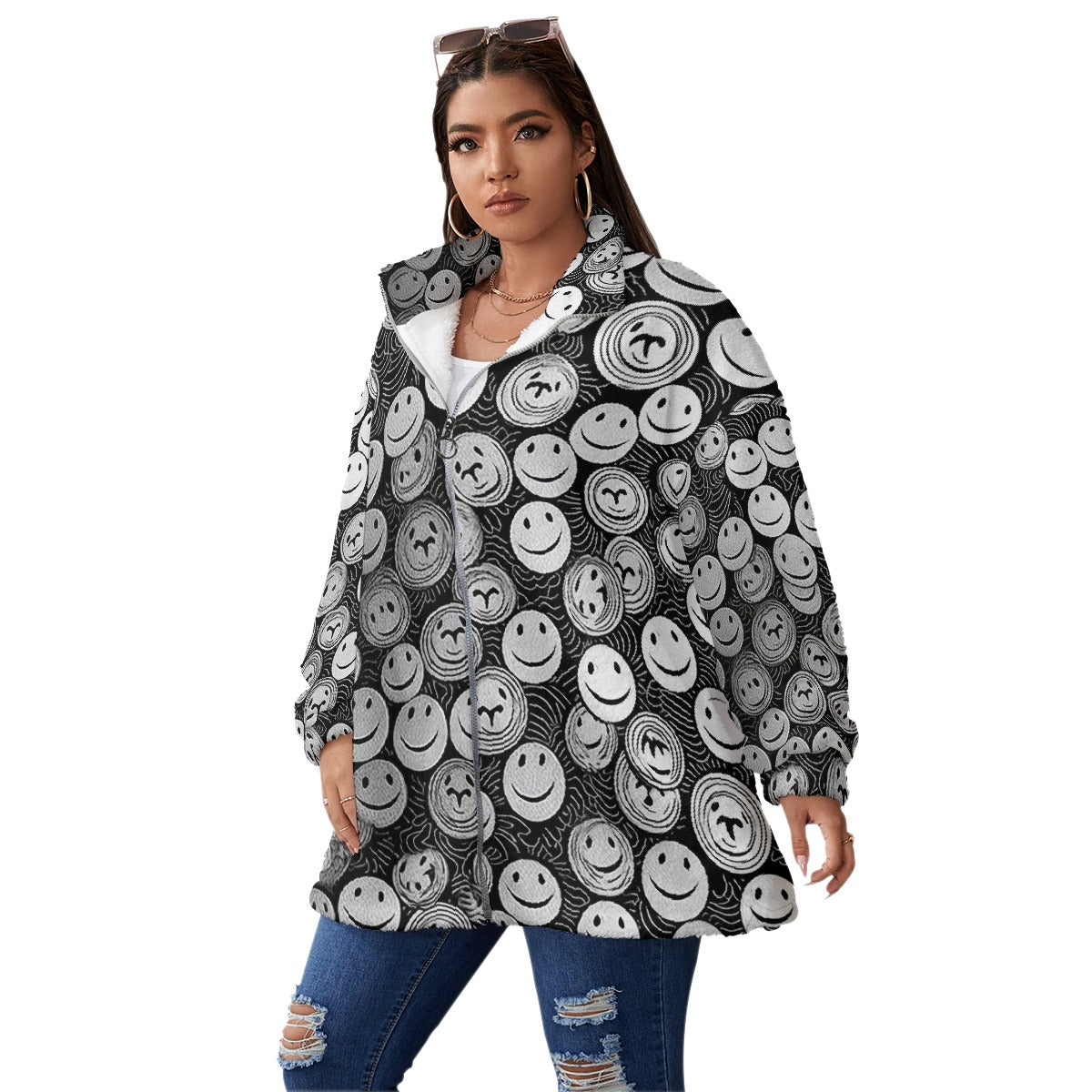 All-Over Print Unisex Borg Fleece Stand-up Collar Coat With Zipper Closure(Plus Size)