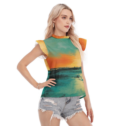 All-Over Print Women's Blouse With Ruffle Collar And Sleeve