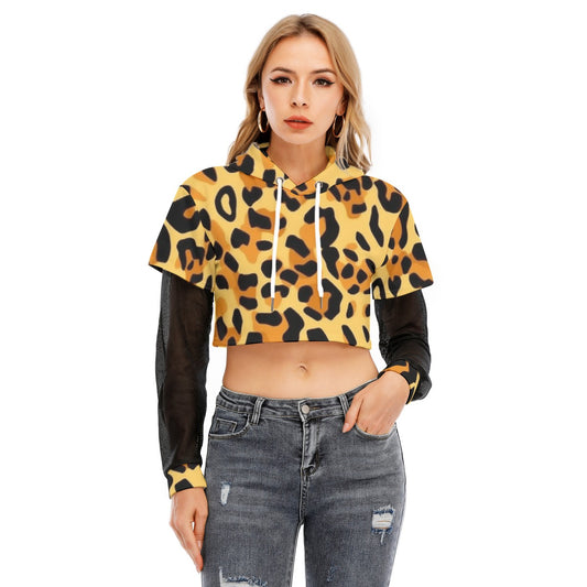 All-Over Print Women's Fake Two-piece Mesh Sleeve Cropped Hoodie
