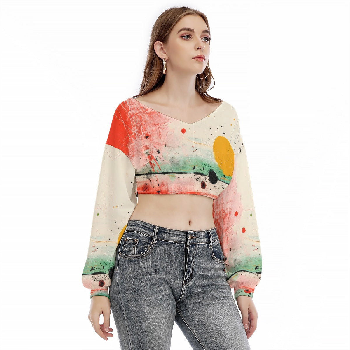 All-Over Print Women's V-neck Long Sleeve Cropped Sweatshirt