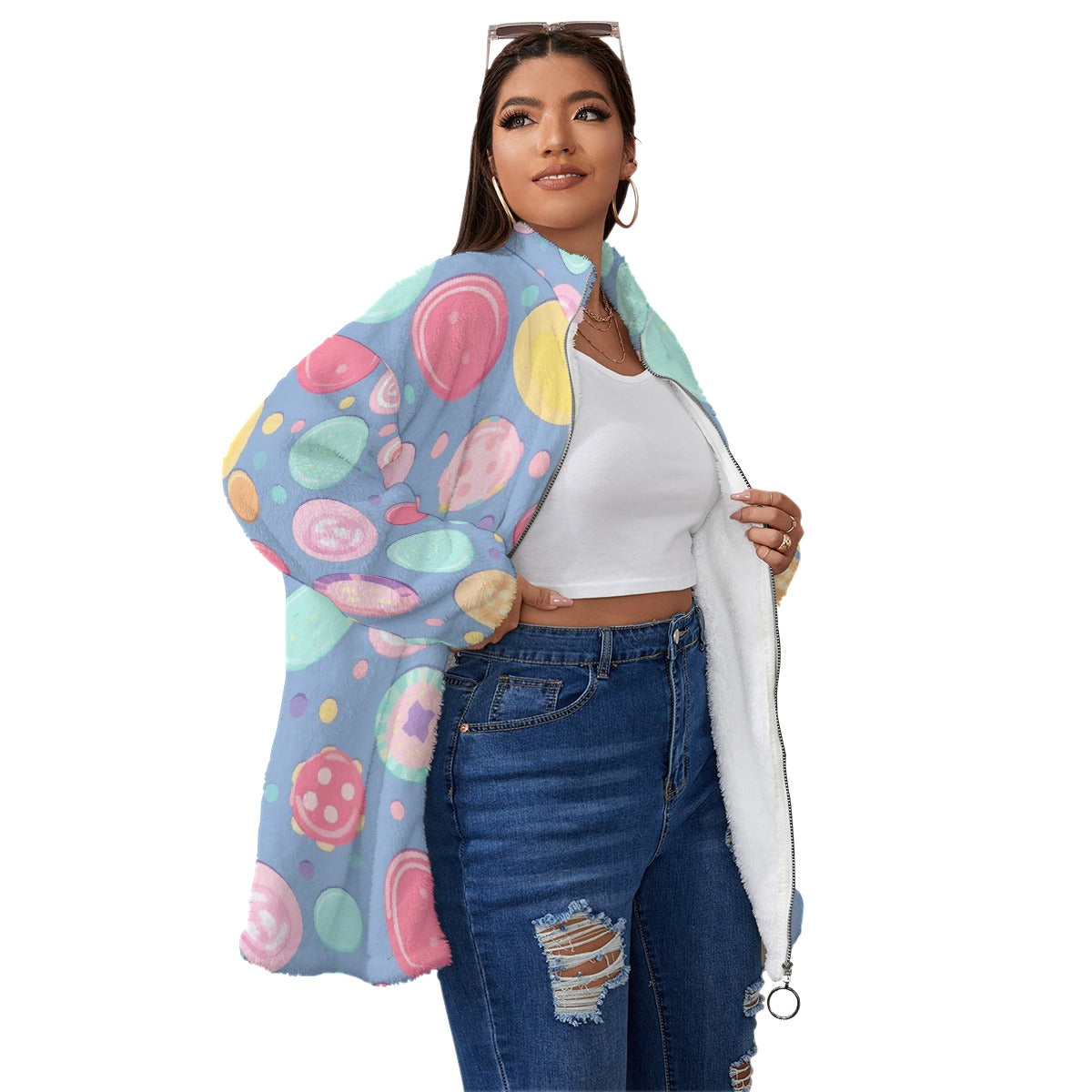 All-Over Print Unisex Borg Fleece Stand-up Collar Coat With Zipper Closure(Plus Size)