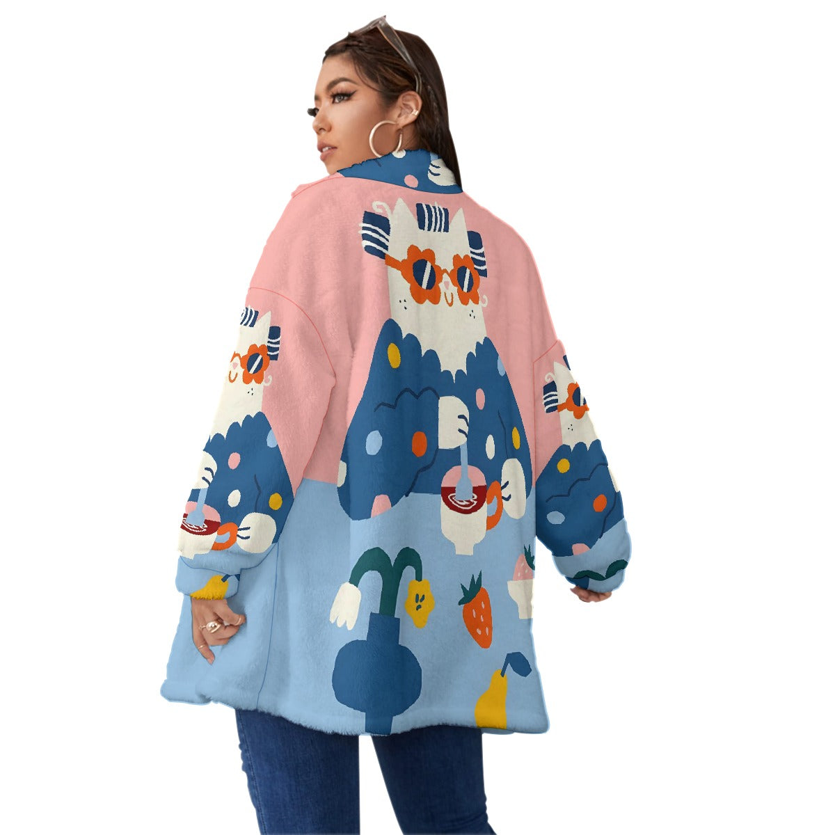 All-Over Print Unisex Borg Fleece Stand-up Collar Coat With Zipper Closure(Plus Size)