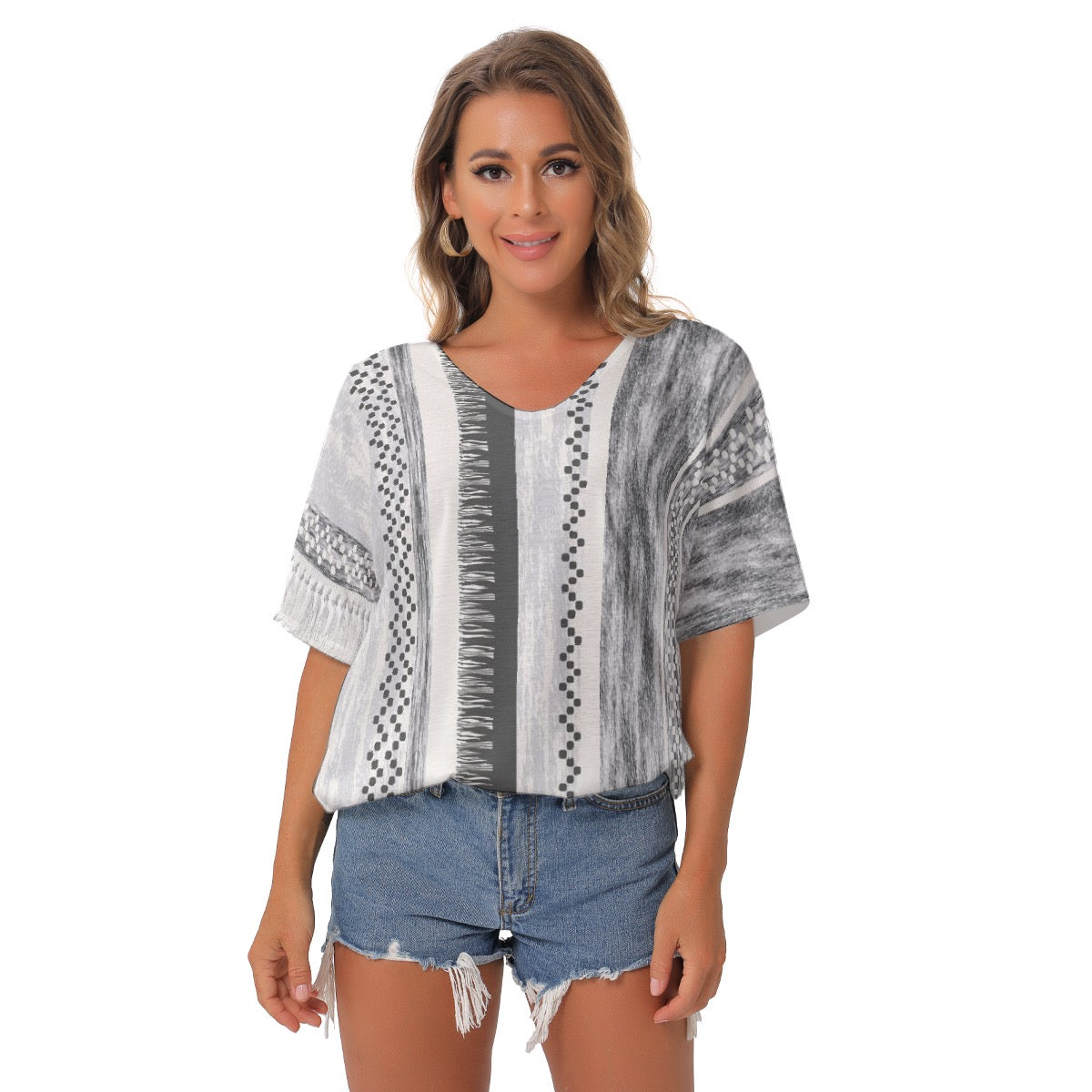 All-Over Print Women's Bat Sleeves V-Neck Blouse